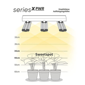 Eine Grafik, die den Sweetspot für die optimale Aufhängungshöhe der Lampe in Bezug auf die Pflanzenhöhe veranschaulicht.