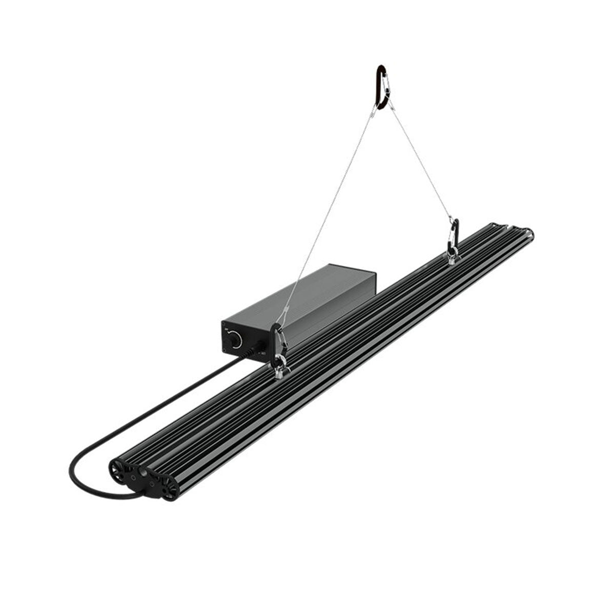 Greenception GCx-5 Solo PWR 200W LED-Growlampe, Seitenansicht, zeigt die Konstruktion mit hängenden Halterungen und Kabeln.