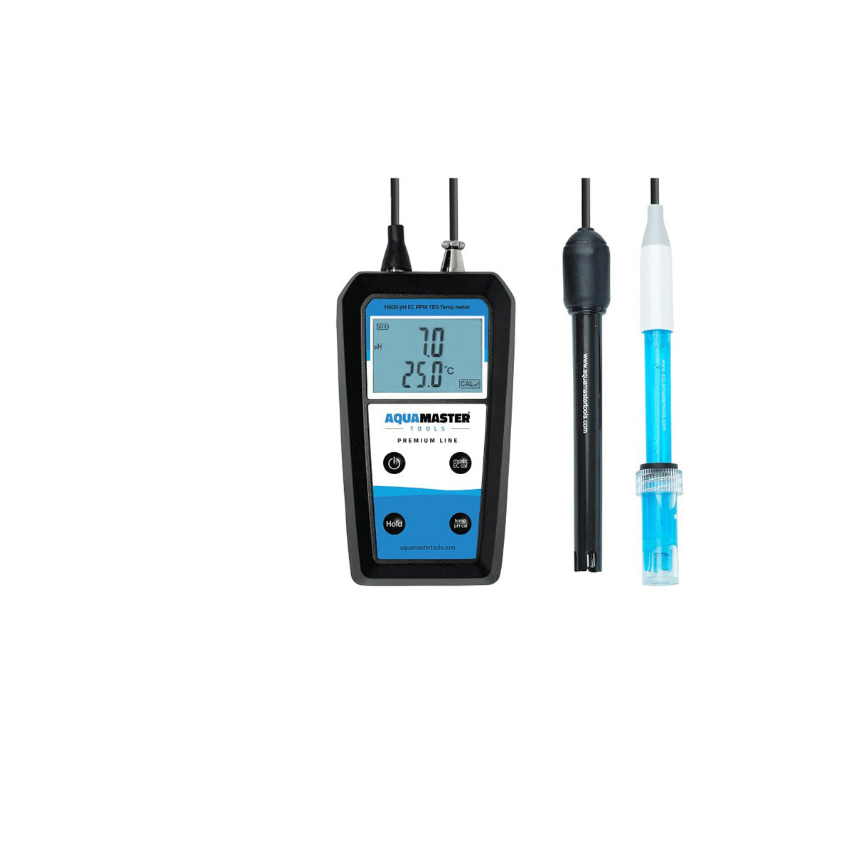 AquaMaster Tools H600 Pro Handmessgerät mit angeschlossenen pH- und EC-Sonden, das Temperatur- und pH-Werte anzeigt.