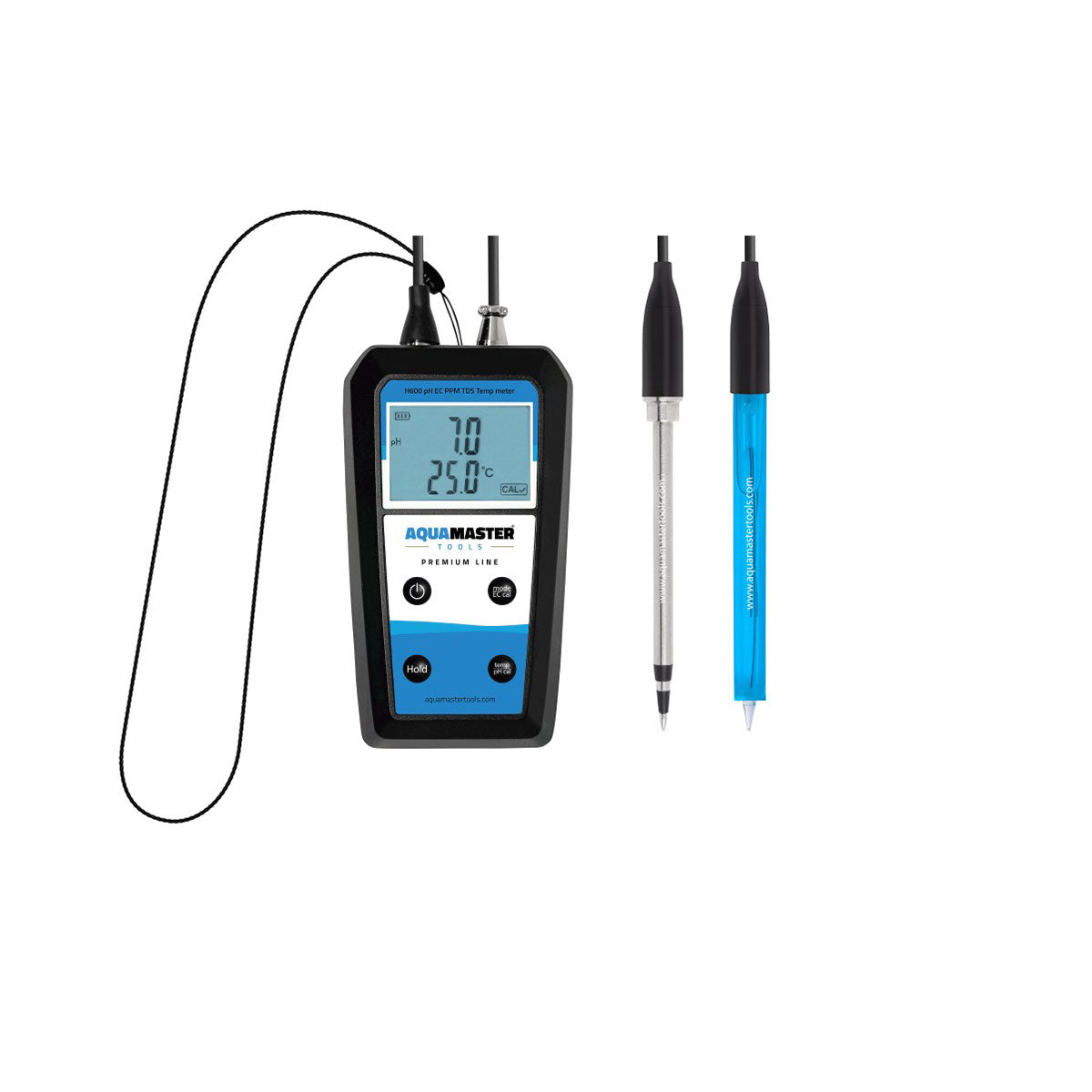 AQUAMASTER TOOLS H600 Pro Handmessgerät, an dem ein Umhängeband befestigt ist, zusammen mit der pH- und EC-Sonde.