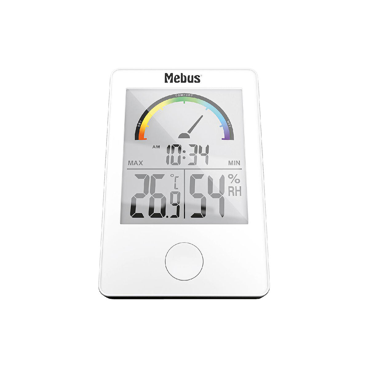 MEBUS Thermo-Hygrometer, Vorderansicht, zeigt Uhrzeit, Temperatur (26.9 °C), und Luftfeuchtigkeit (54%) mit einem farbigen Komfortindikator.