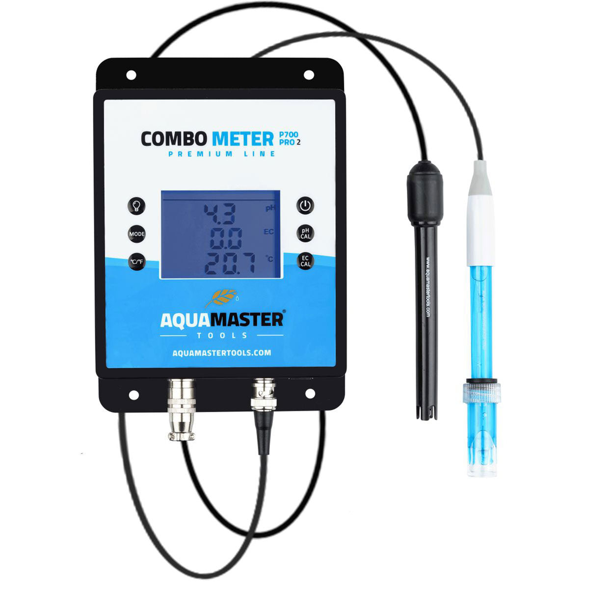 AquaMaster Tools P700 Pro 2 Combo-Messgerät mit pH-, EC-, CF-, PPM- und Temperaturmessung, inklusive angeschlossener pH- und EC-Elektrode.