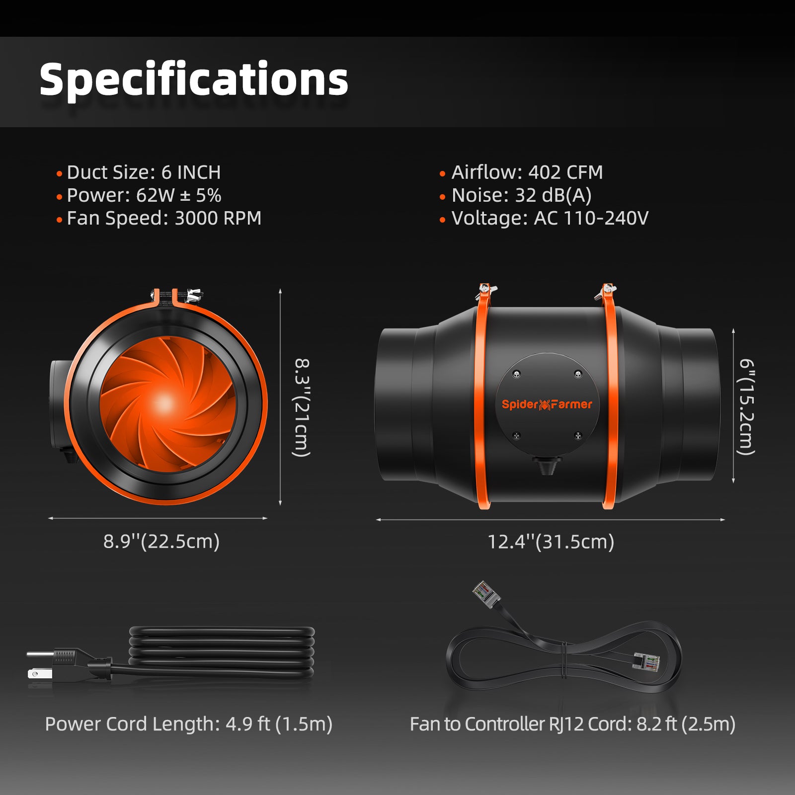 Spider Farmer Abluftset 150 mm EC-Lüfter mit Geschwindigkeitsregler– 686 m³/h