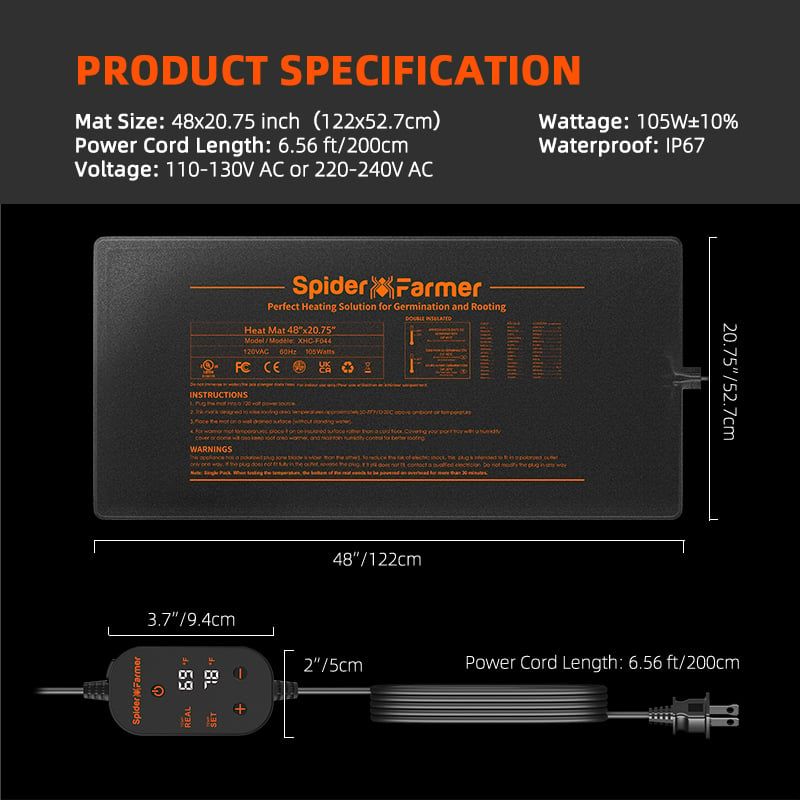 Spider Farmer Heizmatte 121x52 cm mit Thermostat 105W