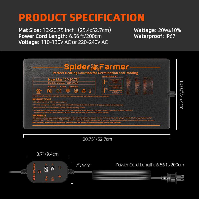 Spider Farmer Heizmatte 52x25 cm mit Thermostat 20W