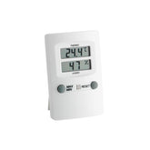 Digitales Max-Min-Thermometer und Hygrometer in Weiß mit einem Display, das die aktuelle Temperatur (24,4°C) und die Luftfeuchtigkeit (47%) anzeigt, mit zwei Knöpfen für Max/Min und Reset.