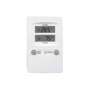 Digitales Max-Min-Thermometer und Hygrometer in Weiß, das die Temperatur (28,5°C) und die Luftfeuchtigkeit (75%) zeigt, mit zwei Bedientasten für Max/Min und Reset darunter.