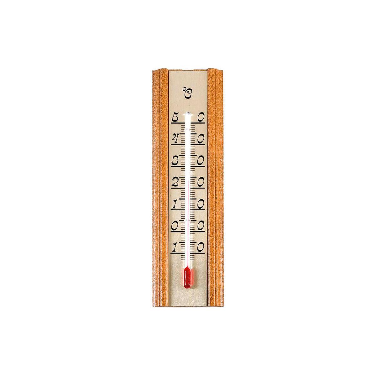 Das Bild zeigt ein TFA Zimmer-Thermometer mit einem klassischen Design aus Eiche. Es verfügt über eine deutlich lesbare Temperaturskala mit einer roten Quecksilbersäule in der Mitte. Das Thermometer eignet sich gut für den Innenbereich und hat eine einfache, funktionale Optik, die sich gut in traditionelle Einrichtungsstile einfügt.