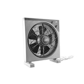 Taifun FlatFan (Rotationsbox): Kompakter Taifun FlatFan im Rotationsbox-Design mit schwarzem Gitter und Bedienelementen, ideal für eine platzsparende Luftzirkulation in Innenräumen.