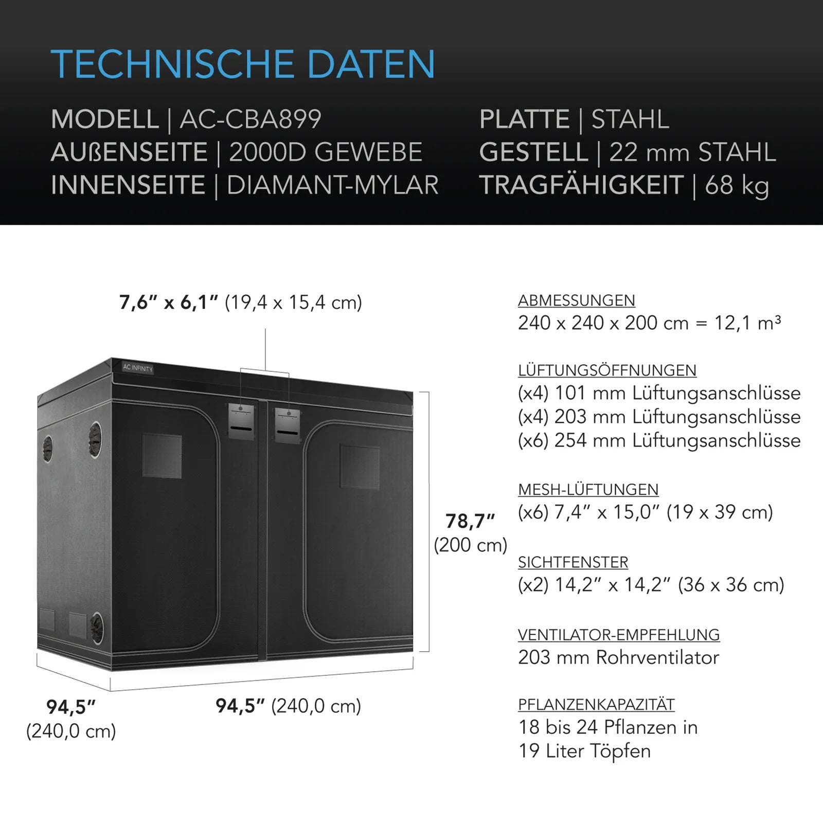 AC Infinity CLOUDLAB 899 Advance Grow Zelt 240x240x200cm