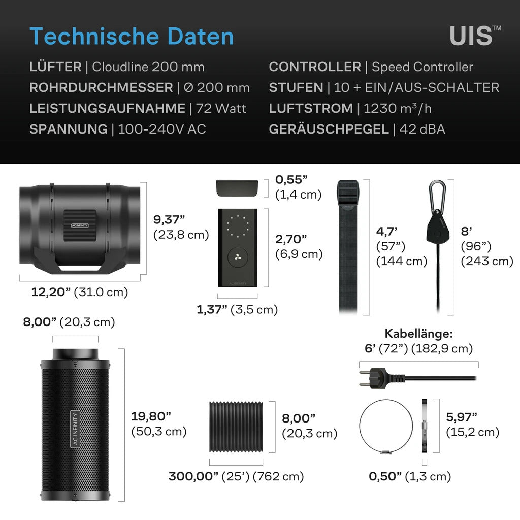AC Infinity Luftfilter-Set S8 200mm, 1230 m³/h mit Geschwindigkeitsregler