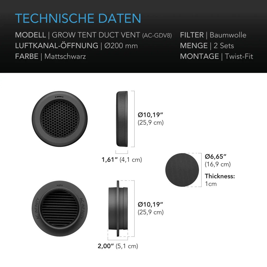 AC Infinity Luftkanal-Abdeckung 200 mm für Growzelte im 2er-Set