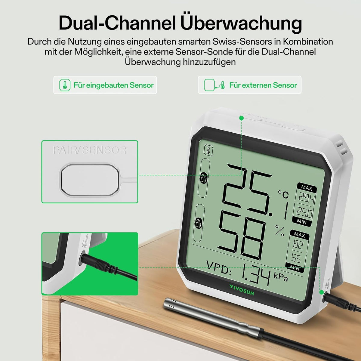 VIVOSUN AeroLab THB1S Bluetooth Thermometer mit Sensor