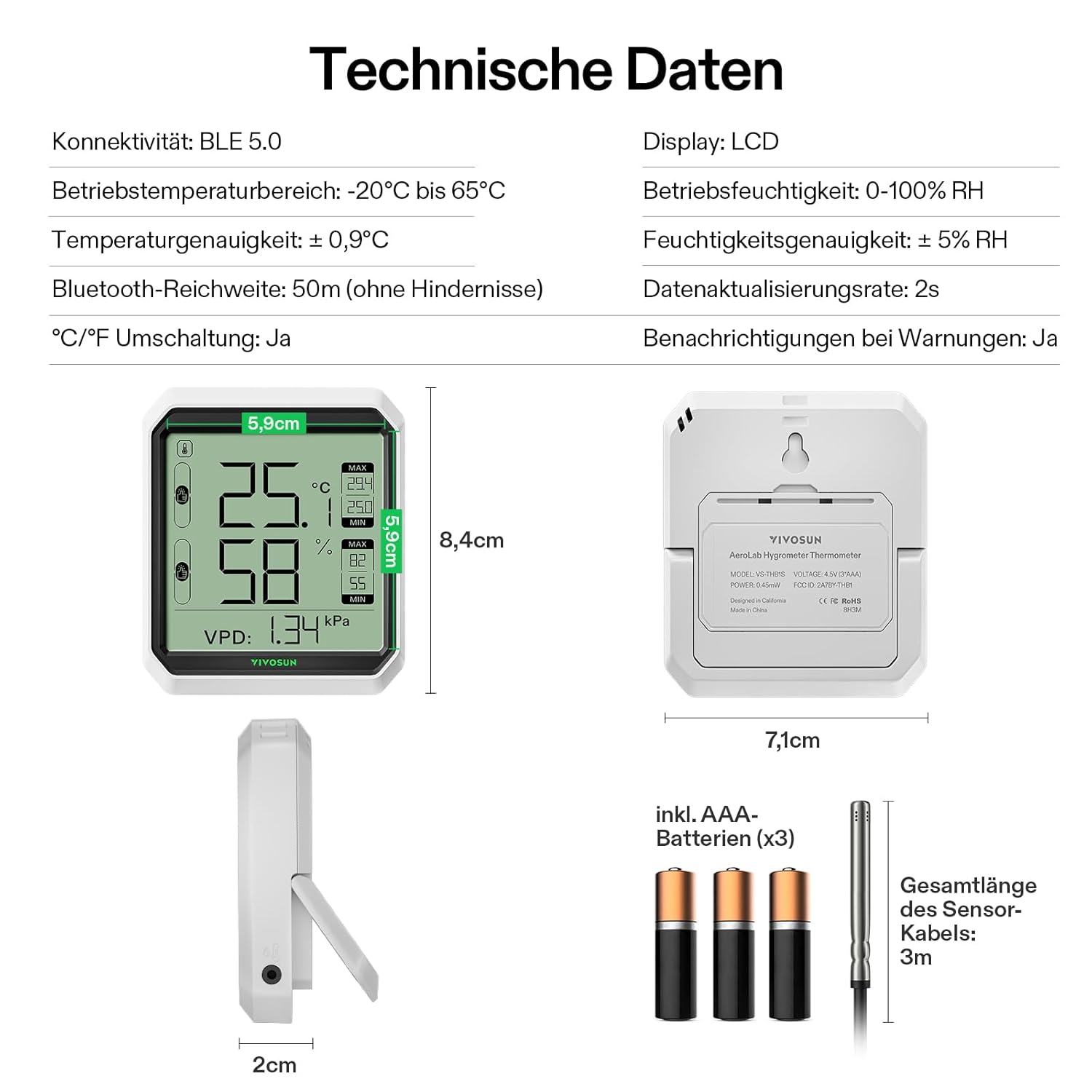 VIVOSUN AeroLab THB1S Bluetooth Thermometer mit Sensor