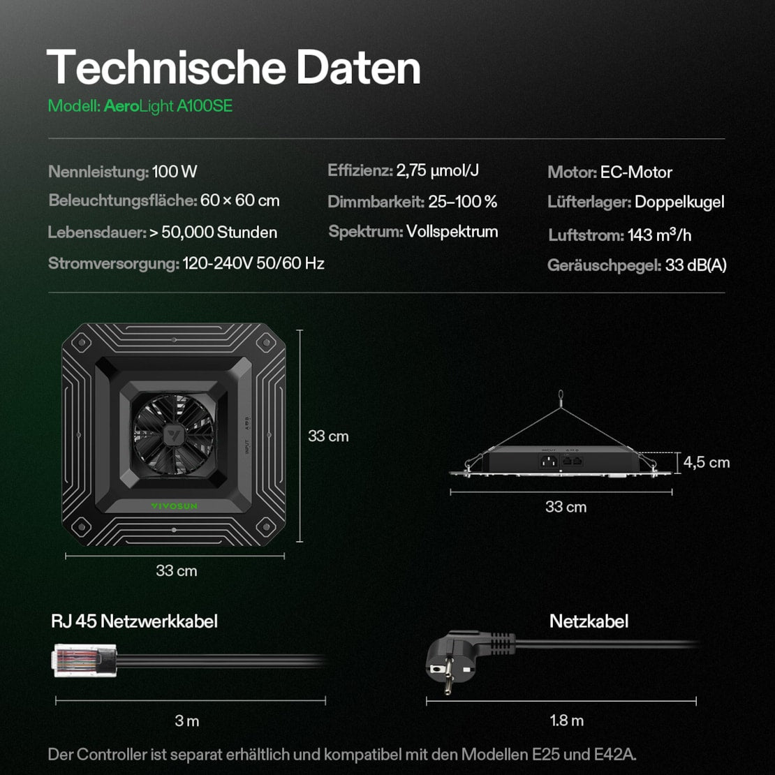 VIVOSUN AeroLight A100SE LED Growlampe 100W