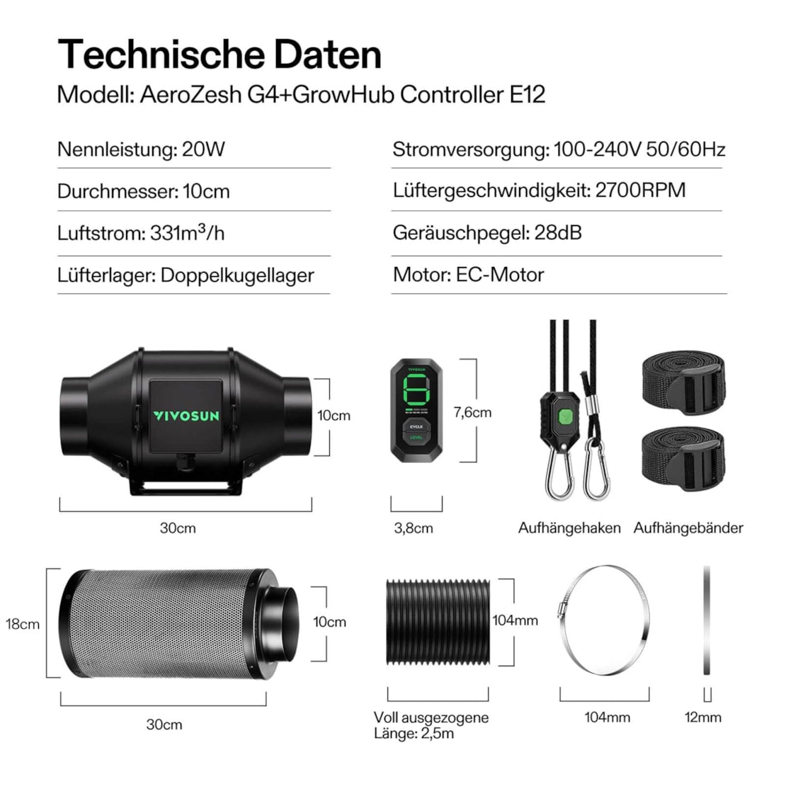 VIVOSUN AeroZesh G4 Smart Luftfiltration Kit 10 cm mit E12-Geschwindigkeitsregler