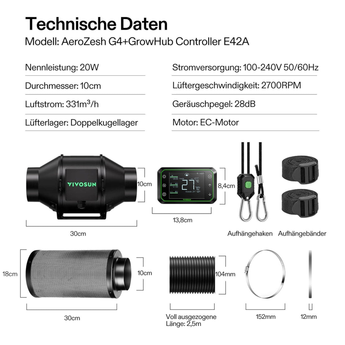 VIVOSUN AeroZesh G4 Smart Luftfiltration Kit 10 cm mit E42A Controller