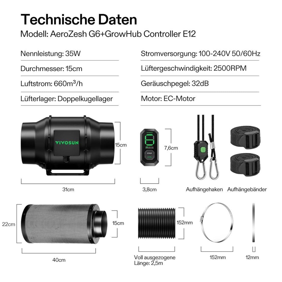 VIVOSUN AeroZesh G6 Smart Luftfiltration Kit 15 cm mit E12-Geschwindigkeitsregler