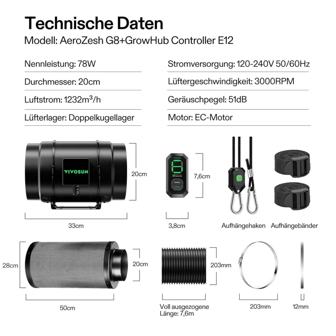 VIVOSUN AeroZesh G8 Smart Luftfiltration Kit 20 cm mit E12-Geschwindigkeitsregler