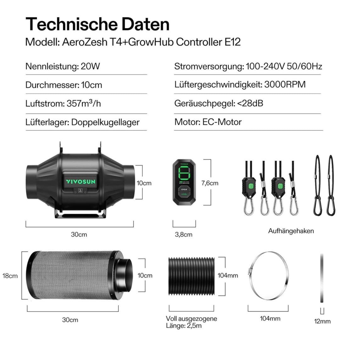 VIVOSUN AeroZesh T4 Smart Luftfiltration Kit 10 cm mit E12-Geschwindigkeitsregler