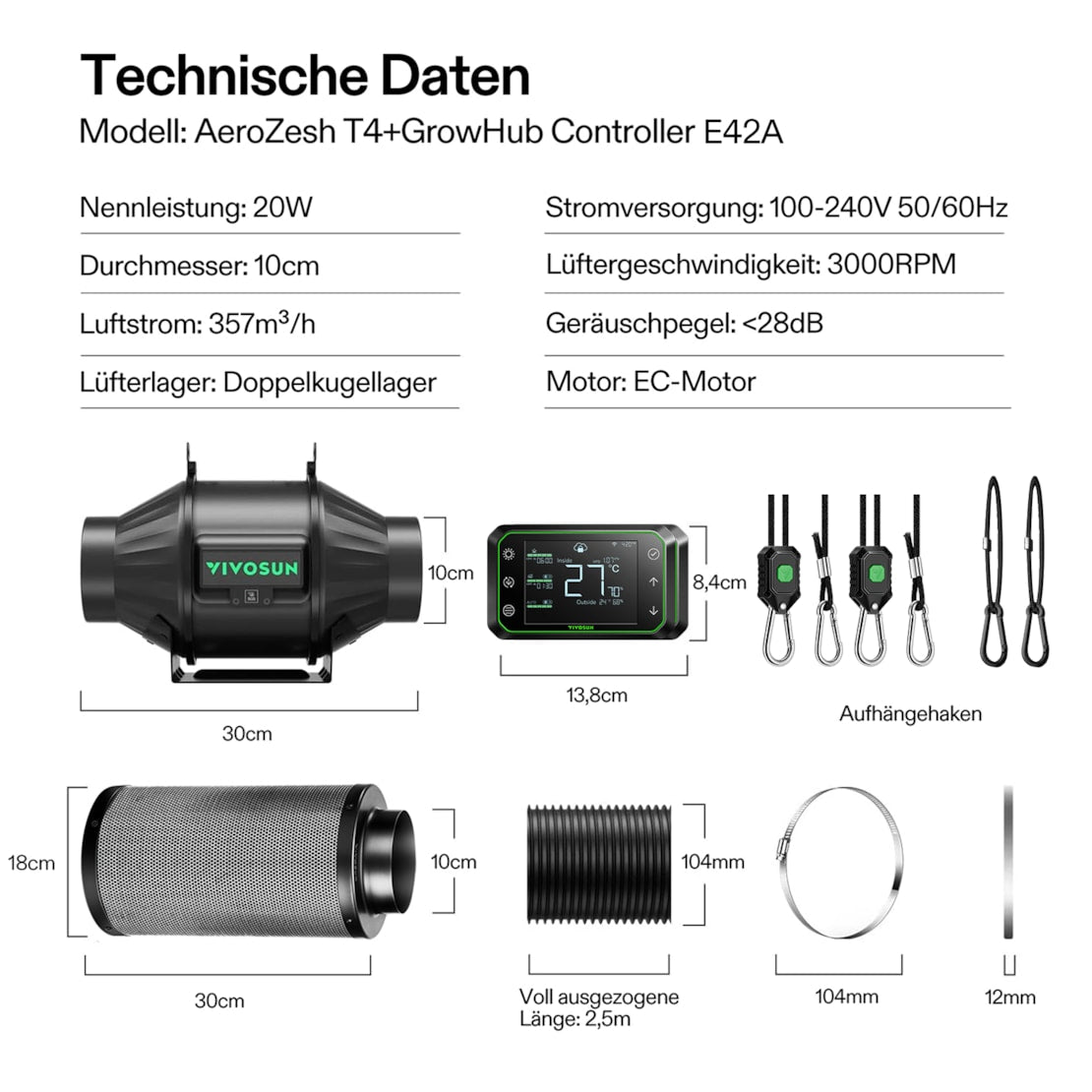 VIVOSUN AeroZesh T4 Smart Luftfiltration Kit Pro 10 cm mit E42A Controller