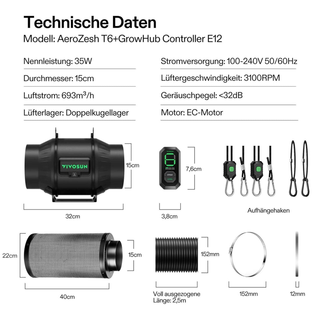 VIVOSUN AeroZesh T6 Smart Luftfiltration Kit 15 cm mit E12-Geschwindigkeitsregler