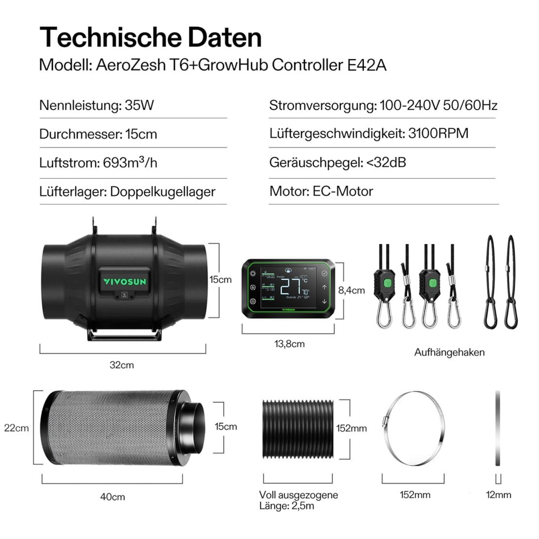 VIVOSUN AeroZesh T6 Smart Luftfiltration Kit Pro 15 cm mit E42A Controller