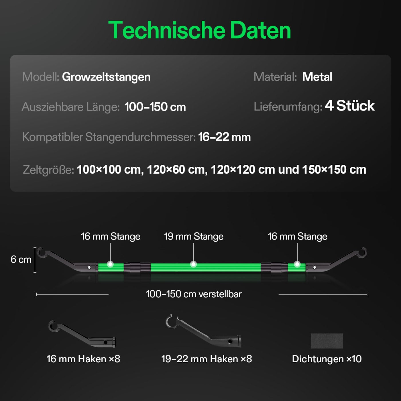 VIVOSUN Stützstangen Set 100–150 cm High CFM