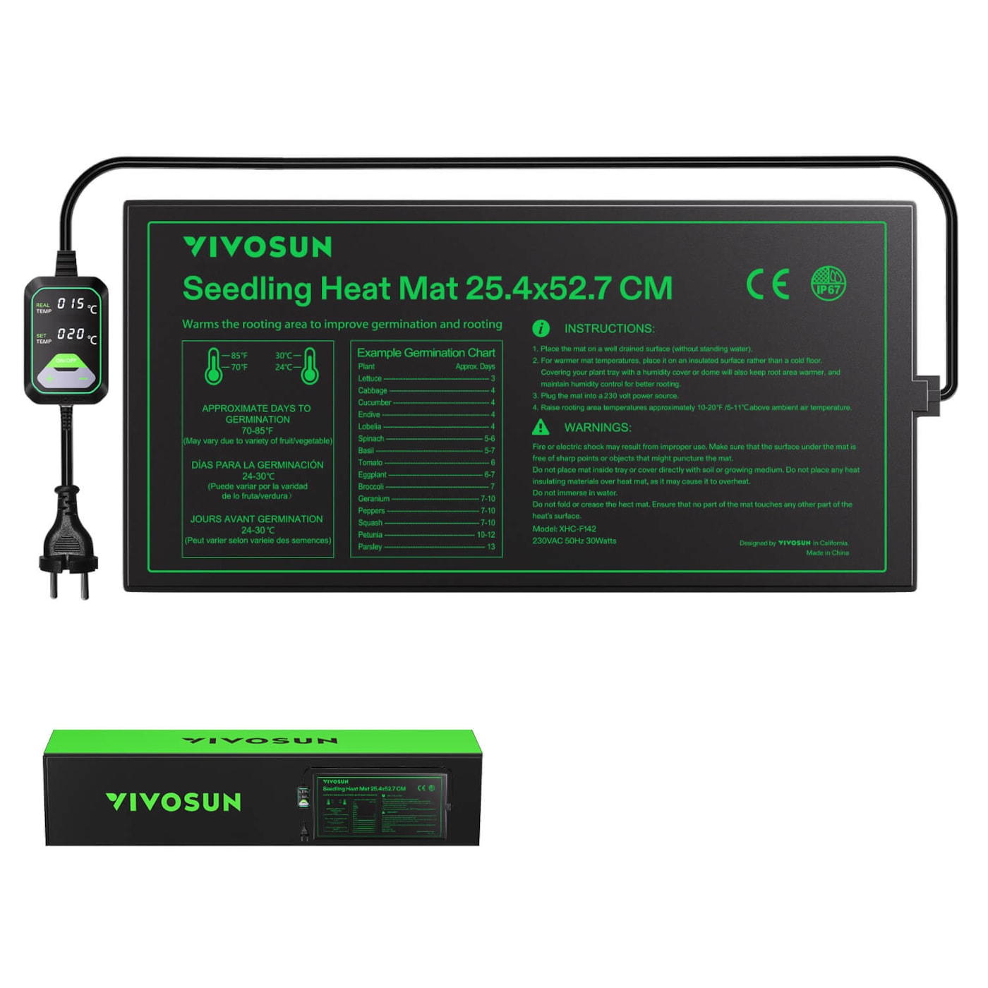 Anzucht-Heizmatte mit digitalem Dual-Display-Thermostat, 25x53 cm