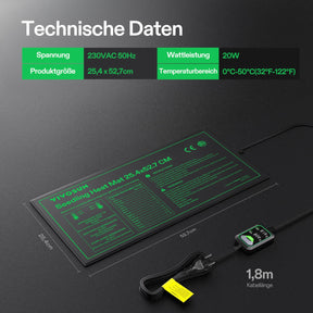 Anzucht-Heizmatte mit digitalem Dual-Display-Thermostat, 25x53 cm