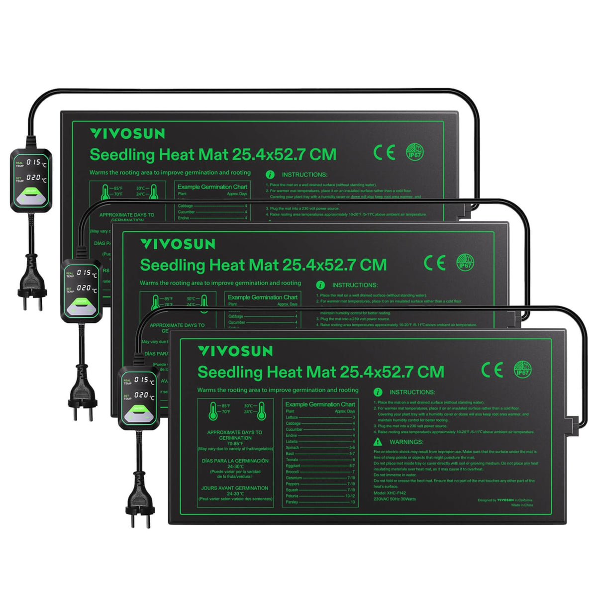 Anzucht-Heizmatte mit digitalem Dual-Display-Thermostat, 25x53 cm 3er Pack