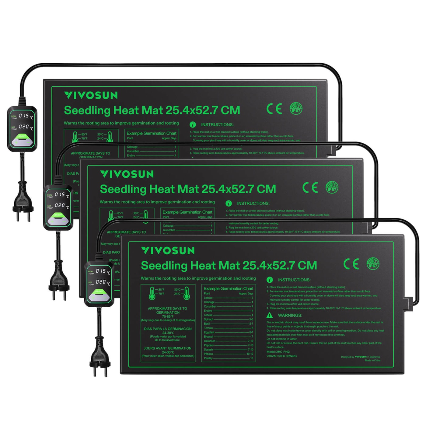 Anzucht-Heizmatte mit digitalem Dual-Display-Thermostat, 25x53 cm 3er Pack
