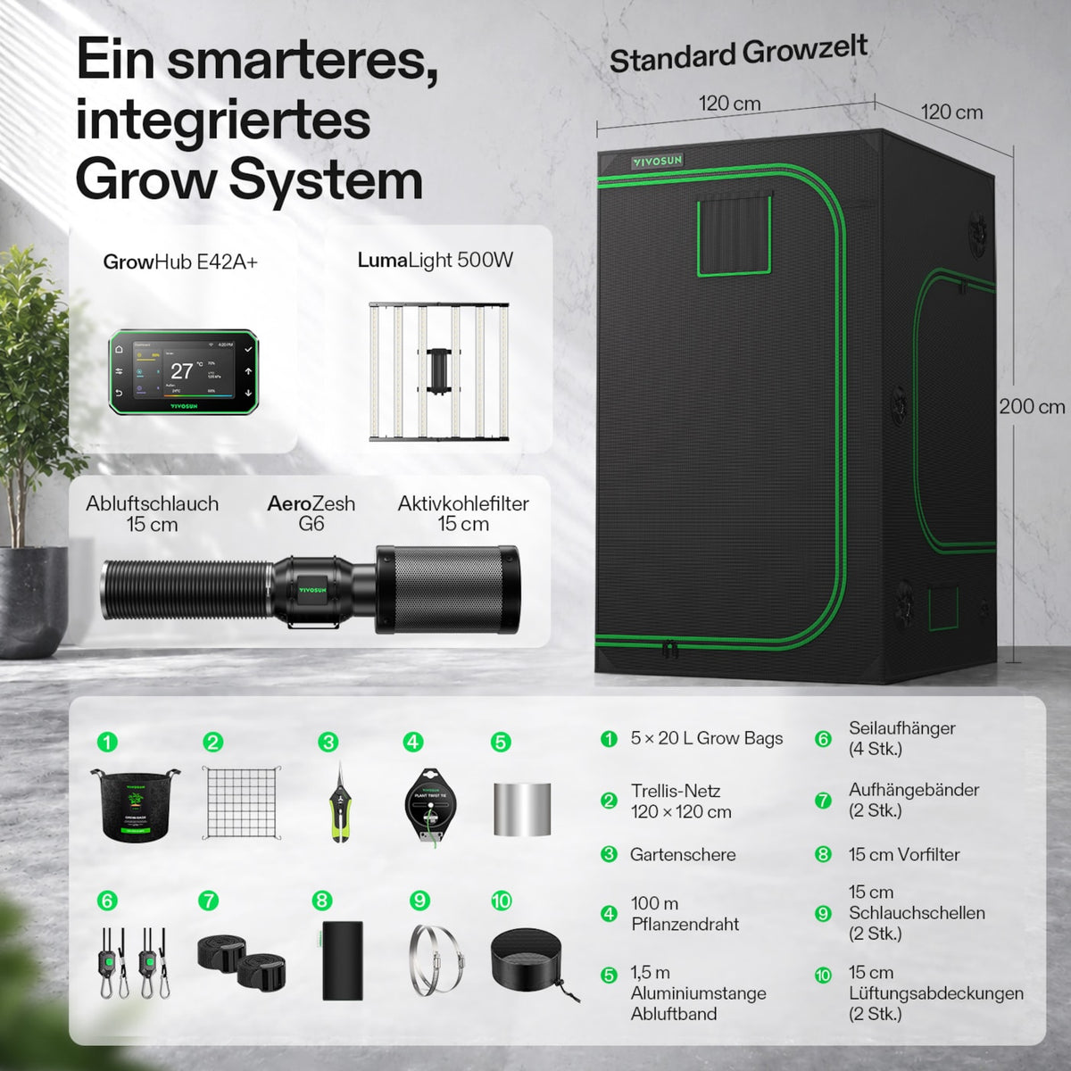 VIVOSUN Growbox Komplettset 120x120x200 cm 500W LED