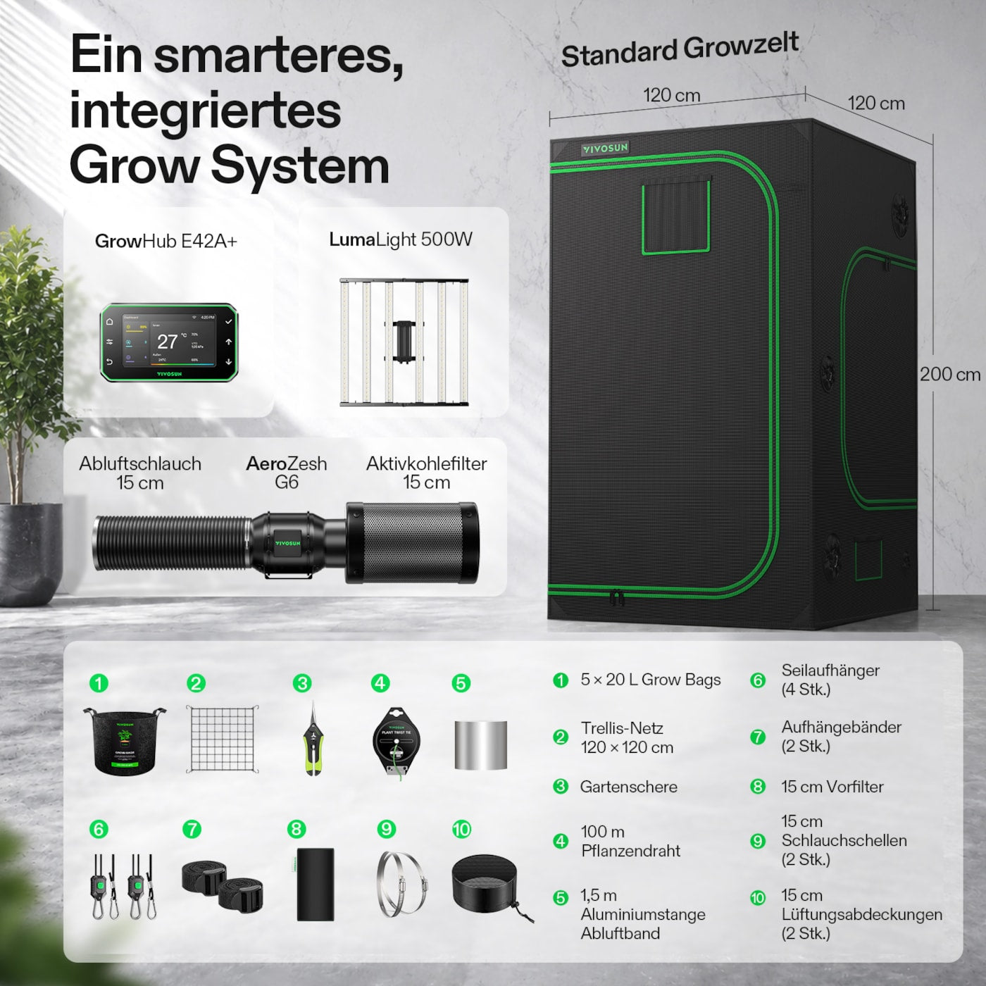 VIVOSUN Growbox Komplettset 120x120x200 cm 500W LED