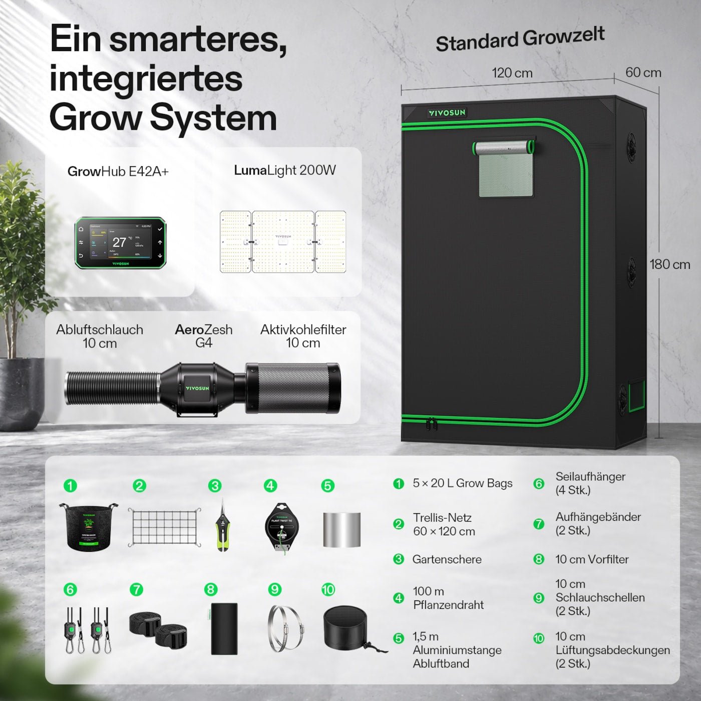 VIVOSUN Growbox Komplettset 120x60x180 cm 200W LED