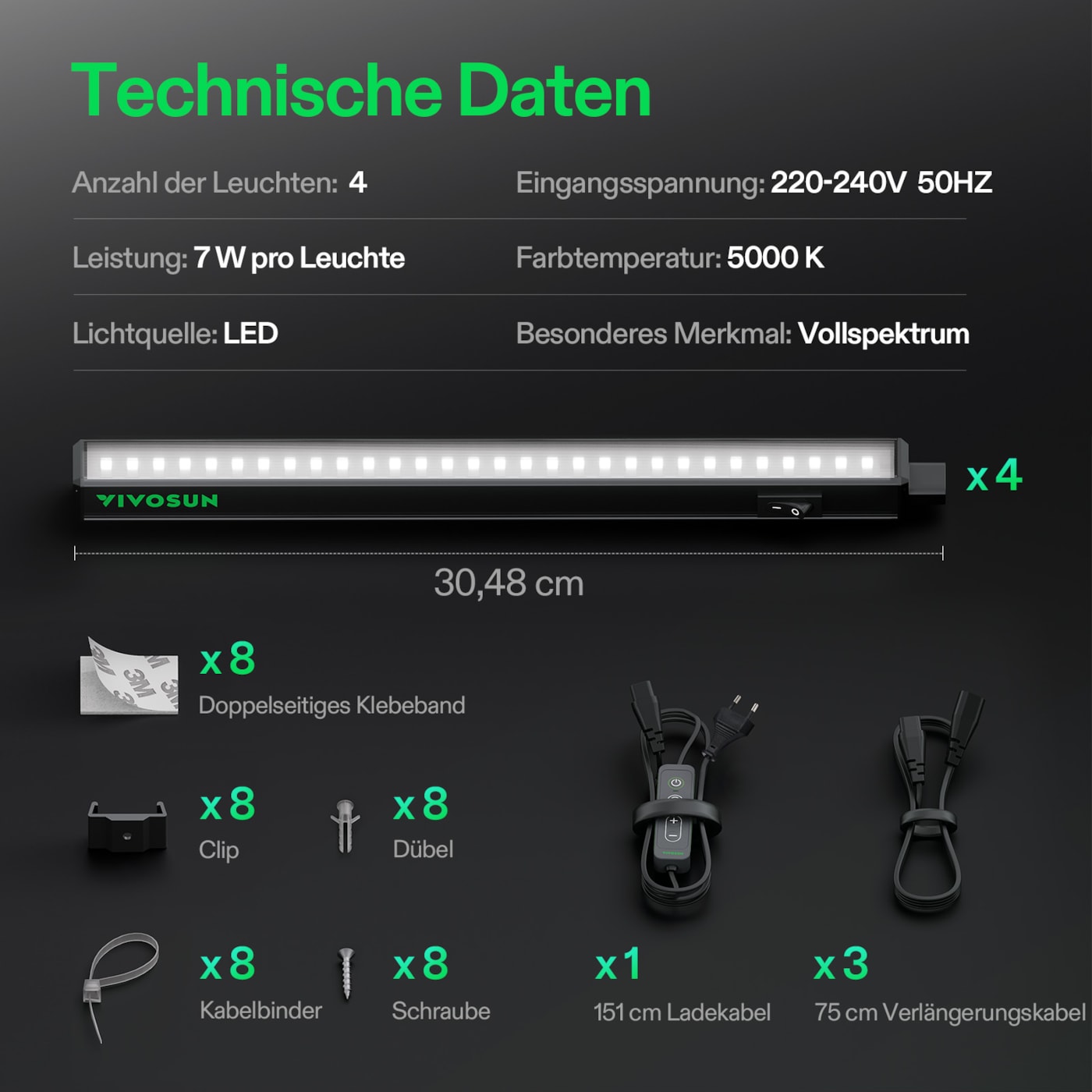 VIVOSUN T5 Linear 28 W LED Pflanzenbeleuchtung 4er Set 30 cm mit Timer und Dimmer